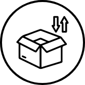Icono lineal de una caja abierta con flechas de entrada y salida para representar servicios de logística integral en Teromo.