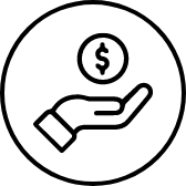Icono lineal de una mano sosteniendo una moneda con signo de peso para representar tarifas competitivas en Teromo.