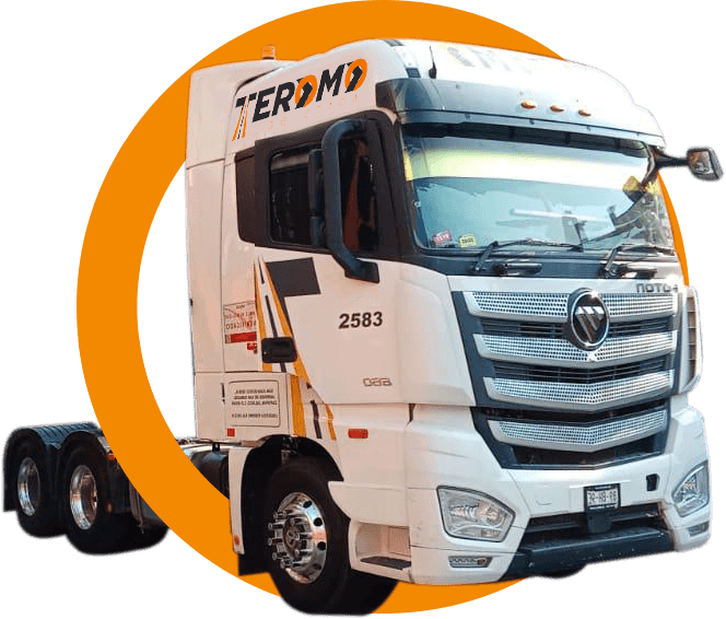 Tractocamión blanco de Teromo Logística con diseño de marca y número económico 2583 sobre fondo circular naranja.